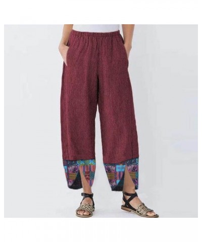 Casual Loose Cropped Pants for Women Cotton Linen Plus Size Elastic High Waist Pant Trousers with Pockets 08-wine $7.65 Pants