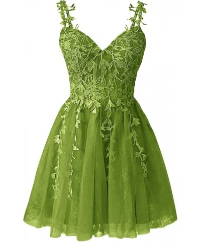 Spaghetti Strap Short Prom Dresses for Teens A Line Applique Tulle Homecoming Dress Olive $35.09 Dresses