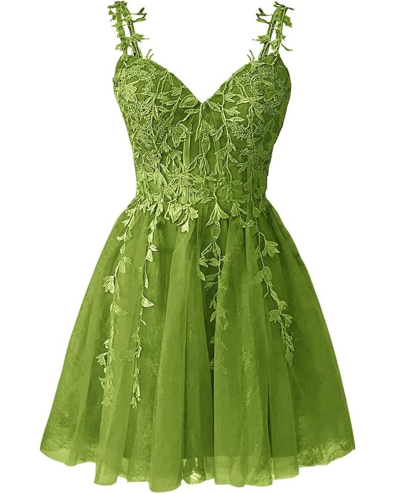 Spaghetti Strap Short Prom Dresses for Teens A Line Applique Tulle Homecoming Dress Olive $35.09 Dresses