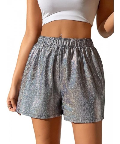 Women's High Waisted PU Leather Shorts Roll Hem Shorts with Pockets Silver Plain $20.39 Shorts