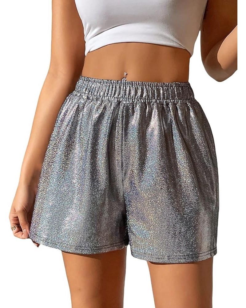 Women's High Waisted PU Leather Shorts Roll Hem Shorts with Pockets Silver Plain $20.39 Shorts