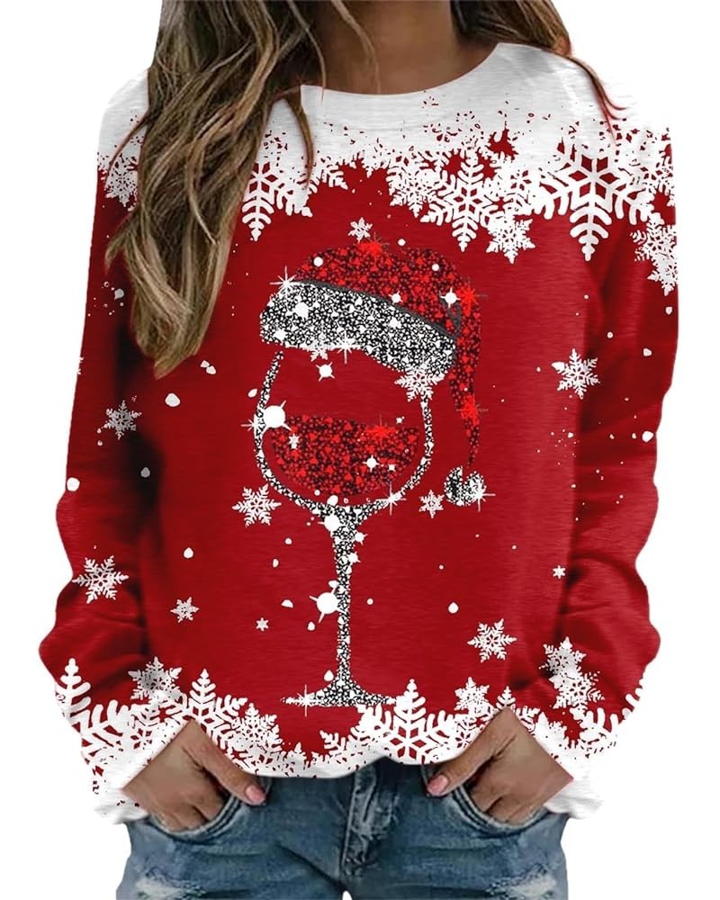 Glitter Xmas Wine Glass with Santa Hat Sweatshirts for Women Crewneck Gothic Christmas Costume Casual Funny No Hood Red-b $15...