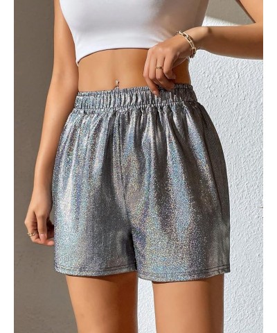 Women's High Waisted PU Leather Shorts Roll Hem Shorts with Pockets Silver Plain $20.39 Shorts