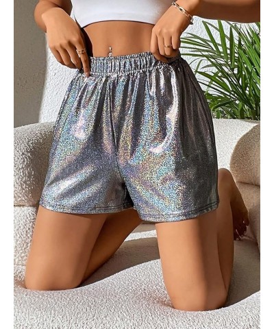 Women's High Waisted PU Leather Shorts Roll Hem Shorts with Pockets Silver Plain $20.39 Shorts