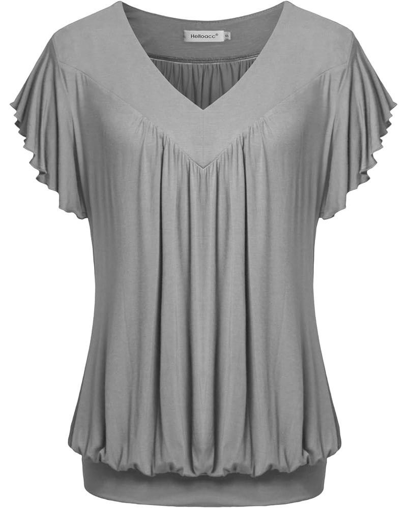 Womens V Neck Short Ruffled Cap Sleeves Banded Hem Bottom T Shirts Loose Tops with Shirred Grey1 $11.19 Tops