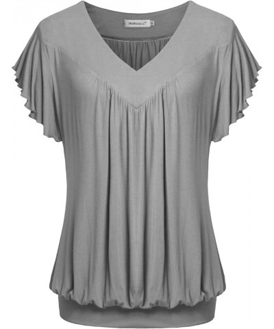 Womens V Neck Short Ruffled Cap Sleeves Banded Hem Bottom T Shirts Loose Tops with Shirred Grey1 $11.19 Tops