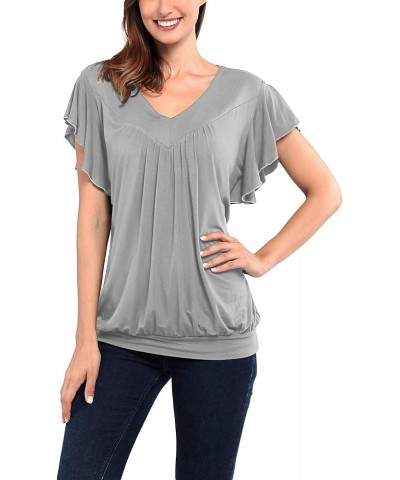 Womens V Neck Short Ruffled Cap Sleeves Banded Hem Bottom T Shirts Loose Tops with Shirred Grey1 $11.19 Tops