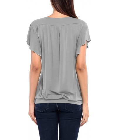 Womens V Neck Short Ruffled Cap Sleeves Banded Hem Bottom T Shirts Loose Tops with Shirred Grey1 $11.19 Tops