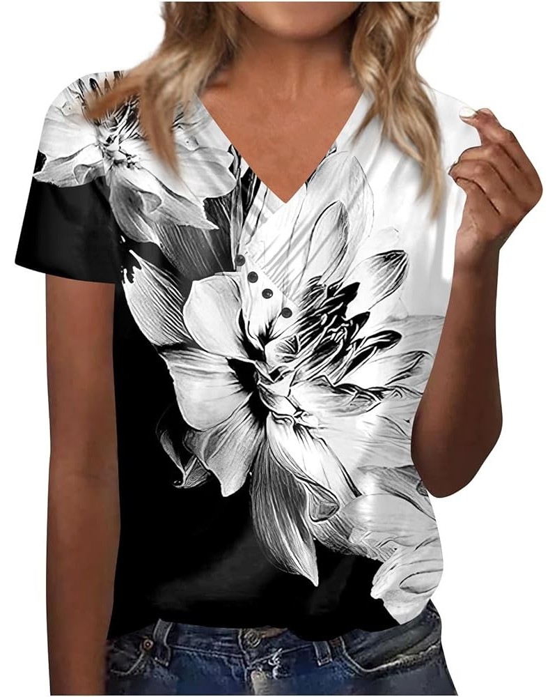 Womens Summer Tops 2023 Trendy V Neck Pleats Blouse Flower Print Tunic Tops Loose Button Pullover 02gray $8.99 Blouses