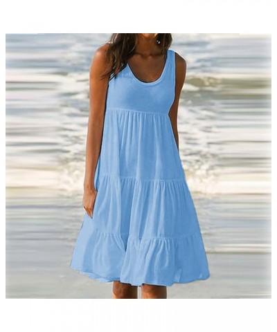 Women's Vacation Beach Dress Plus Size Summer Casual Solid Round Neck Sleeveless Flowy Breathable Ruffle Swing Dress Sky Blue...