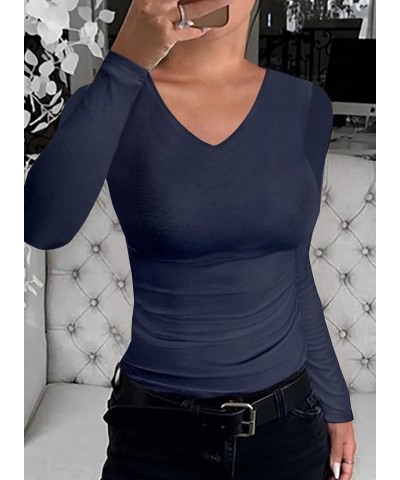 T Shirts for Women Short/Long Sleeve V Neck Casual Ribbed Slim Fitted Tops Drak Blue $12.32 Underwear