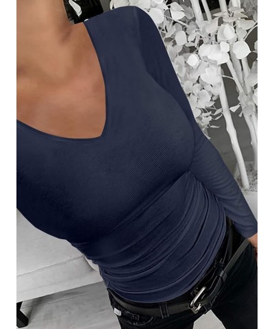 T Shirts for Women Short/Long Sleeve V Neck Casual Ribbed Slim Fitted Tops Drak Blue $12.32 Underwear