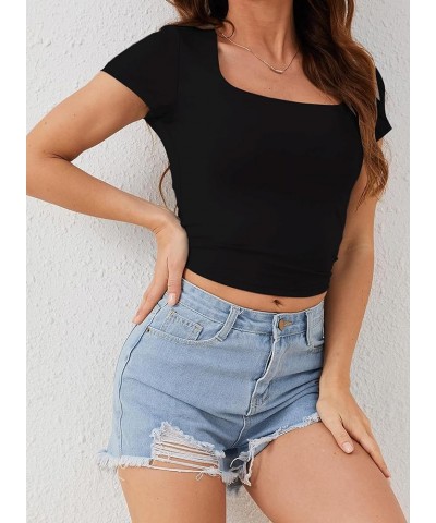 Women Square Neck Short Sleeve Crop Top Double Lined Slim Fitted Basic Tee Going Out Cute Summer T Shirts 2024 Trendy Black $...