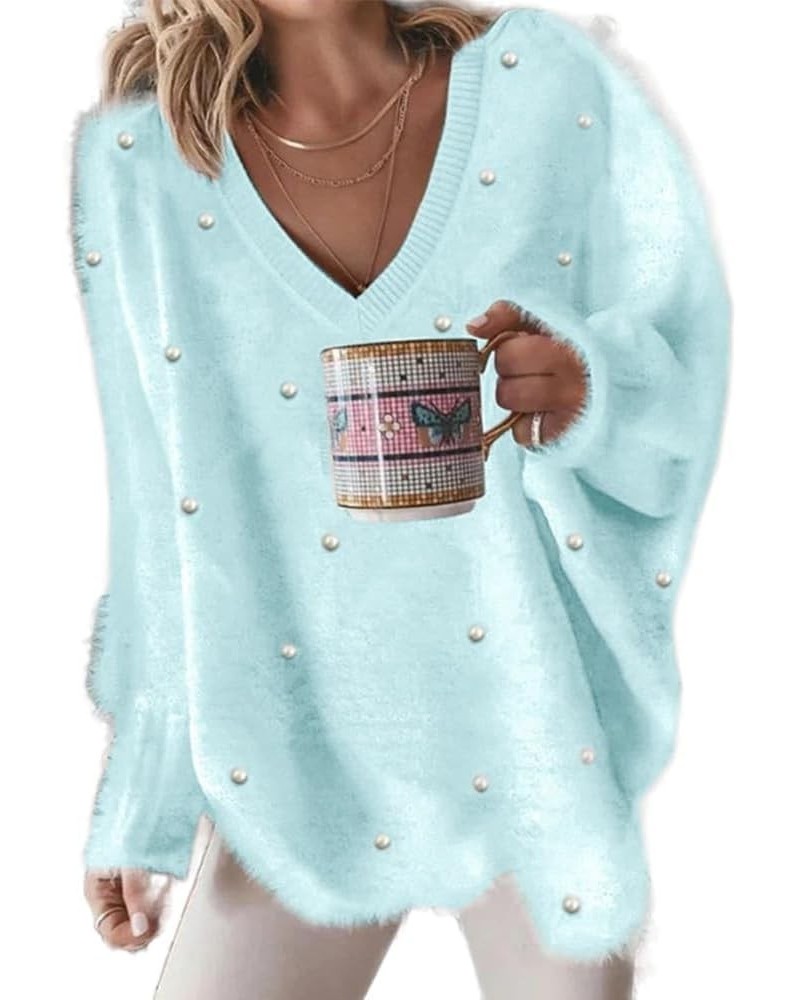 Women's Pearl-Embellished V-Neck Sweater, Oversized Long Sleeve Knit Pullover, Trendy and Dressy Top Blue Sweater $12.50 Swea...