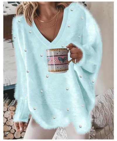 Women's Pearl-Embellished V-Neck Sweater, Oversized Long Sleeve Knit Pullover, Trendy and Dressy Top Blue Sweater $12.50 Swea...