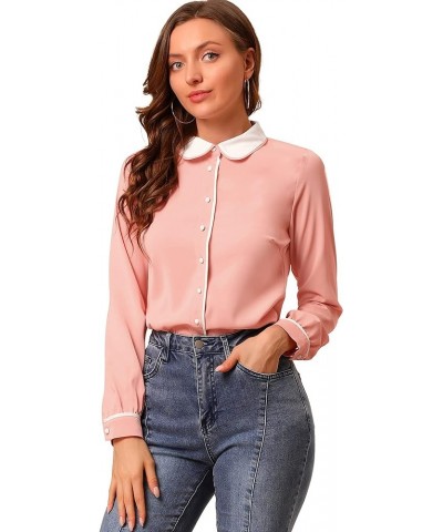 Women's Vintage Button Down Shirt Long Sleeve Contrast Peter Pan Collar Office Work Blouse Pink $14.10 Blouses