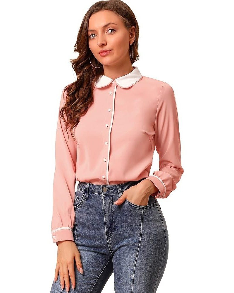 Women's Vintage Button Down Shirt Long Sleeve Contrast Peter Pan Collar Office Work Blouse Pink $14.10 Blouses