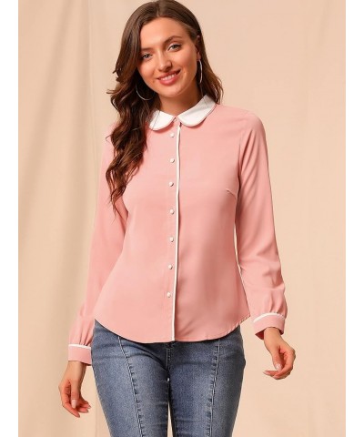 Women's Vintage Button Down Shirt Long Sleeve Contrast Peter Pan Collar Office Work Blouse Pink $14.10 Blouses