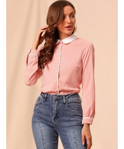 Women's Vintage Button Down Shirt Long Sleeve Contrast Peter Pan Collar Office Work Blouse Pink $14.10 Blouses