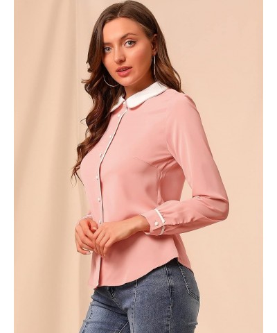 Women's Vintage Button Down Shirt Long Sleeve Contrast Peter Pan Collar Office Work Blouse Pink $14.10 Blouses