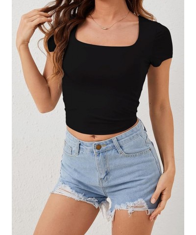 Women Square Neck Short Sleeve Crop Top Double Lined Slim Fitted Basic Tee Going Out Cute Summer T Shirts 2024 Trendy Black $...