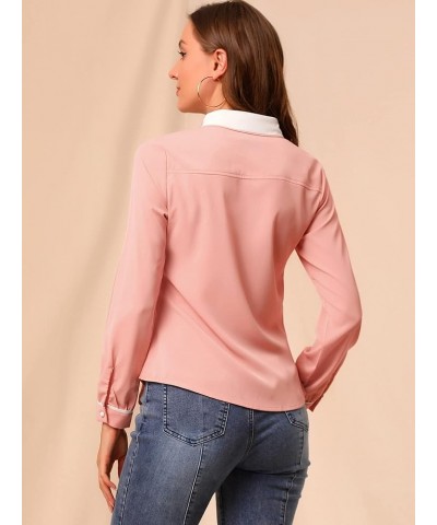 Women's Vintage Button Down Shirt Long Sleeve Contrast Peter Pan Collar Office Work Blouse Pink $14.10 Blouses