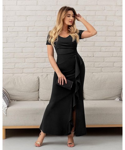 Women's Deep V-Neck Ruffle Split Evening Prom Long Dress Black $25.96 Dresses