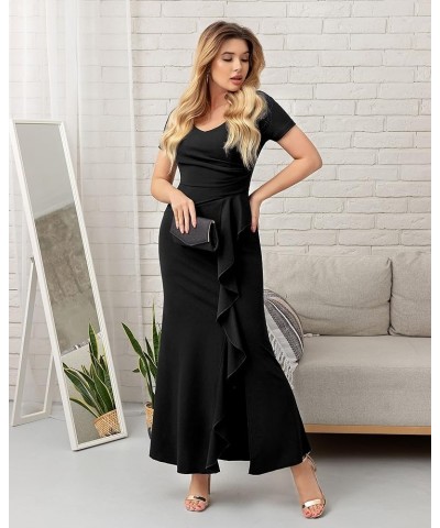 Women's Deep V-Neck Ruffle Split Evening Prom Long Dress Black $25.96 Dresses