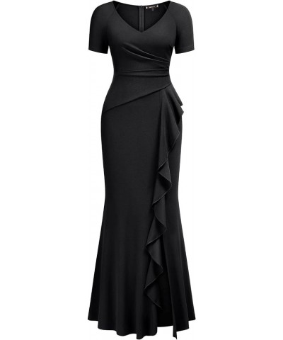 Women's Deep V-Neck Ruffle Split Evening Prom Long Dress Black $25.96 Dresses