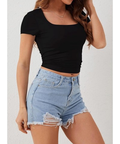 Women Square Neck Short Sleeve Crop Top Double Lined Slim Fitted Basic Tee Going Out Cute Summer T Shirts 2024 Trendy Black $...