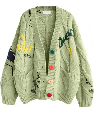 Women's Cable Knit Button Front Cardigan Cute Embroidered Pocketed Sweater Outwear Green $16.91 Sweaters