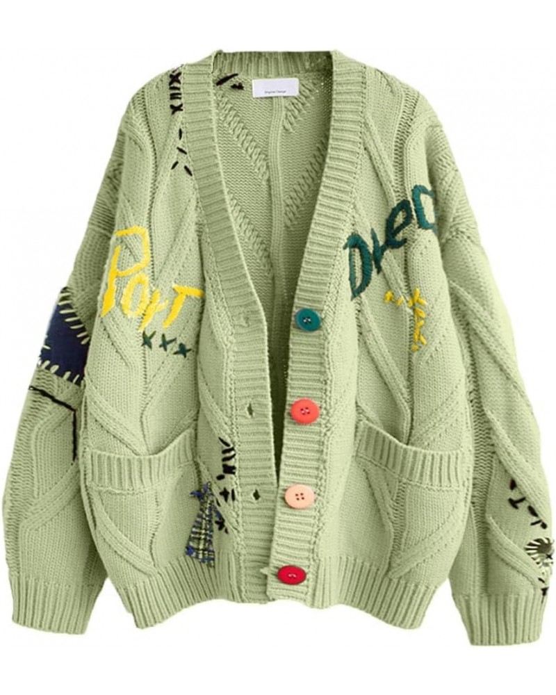 Women's Cable Knit Button Front Cardigan Cute Embroidered Pocketed Sweater Outwear Green $16.91 Sweaters