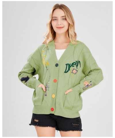 Women's Cable Knit Button Front Cardigan Cute Embroidered Pocketed Sweater Outwear Green $16.91 Sweaters