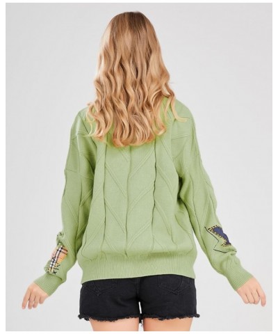 Women's Cable Knit Button Front Cardigan Cute Embroidered Pocketed Sweater Outwear Green $16.91 Sweaters