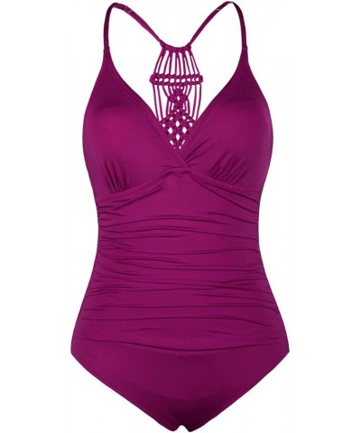 Women's Shirred Halter One Piece Swimsuits Macrame Back Swimwear Tummy Control Bathing Suit Wine Time $23.21 Swimsuits