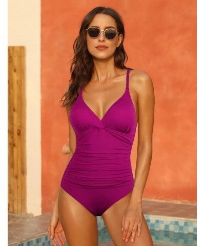 Women's Shirred Halter One Piece Swimsuits Macrame Back Swimwear Tummy Control Bathing Suit Wine Time $23.21 Swimsuits