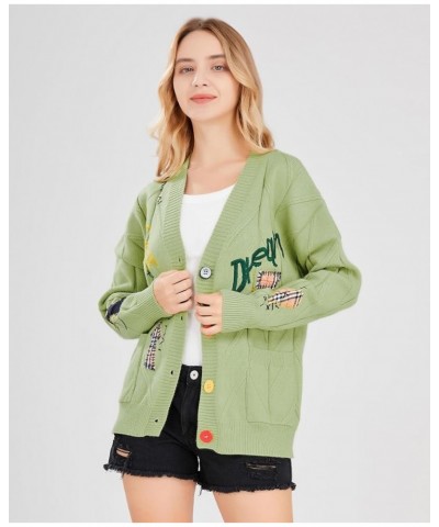 Women's Cable Knit Button Front Cardigan Cute Embroidered Pocketed Sweater Outwear Green $16.91 Sweaters