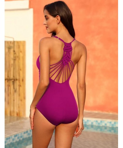 Women's Shirred Halter One Piece Swimsuits Macrame Back Swimwear Tummy Control Bathing Suit Wine Time $23.21 Swimsuits