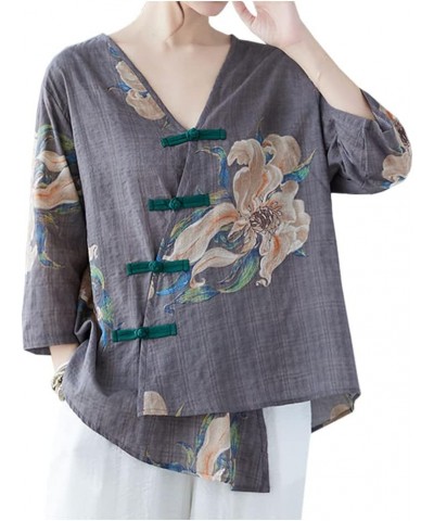 Women's Cotton Linen Shirt 3/4 Sleeve Chinese Frog Button Embroidery Blouse Shirt Tops Grey $10.25 Blouses