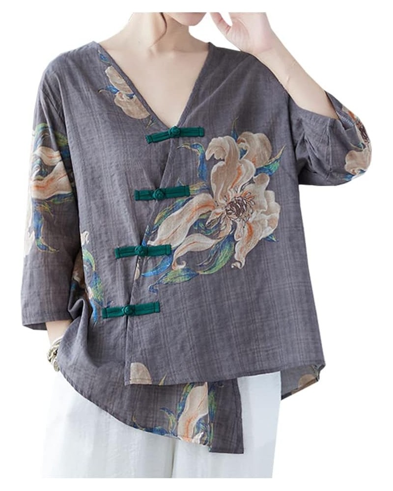 Women's Cotton Linen Shirt 3/4 Sleeve Chinese Frog Button Embroidery Blouse Shirt Tops Grey $10.25 Blouses