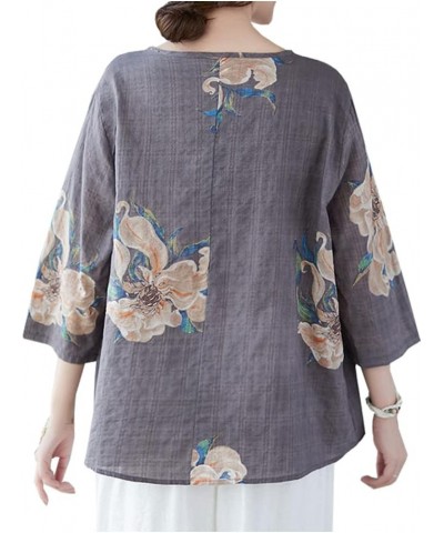 Women's Cotton Linen Shirt 3/4 Sleeve Chinese Frog Button Embroidery Blouse Shirt Tops Grey $10.25 Blouses