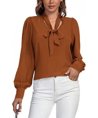 Women's Elegant Bow Tie Neck Long Sleeve Blouse Office Top Shirt Brown $18.87 Blouses