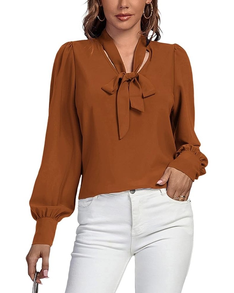 Women's Elegant Bow Tie Neck Long Sleeve Blouse Office Top Shirt Brown $18.87 Blouses