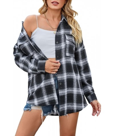 Womens Flannel Plaid Shirts Oversized Lightweight Buffalo Plaid Button Down Shirt Blouse Tops 02 Black $16.23 Blouses