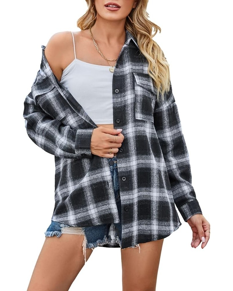 Womens Flannel Plaid Shirts Oversized Lightweight Buffalo Plaid Button Down Shirt Blouse Tops 02 Black $16.23 Blouses