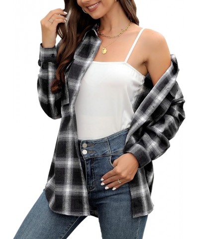 Womens Flannel Plaid Shirts Oversized Lightweight Buffalo Plaid Button Down Shirt Blouse Tops 02 Black $16.23 Blouses