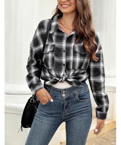 Womens Flannel Plaid Shirts Oversized Lightweight Buffalo Plaid Button Down Shirt Blouse Tops 02 Black $16.23 Blouses