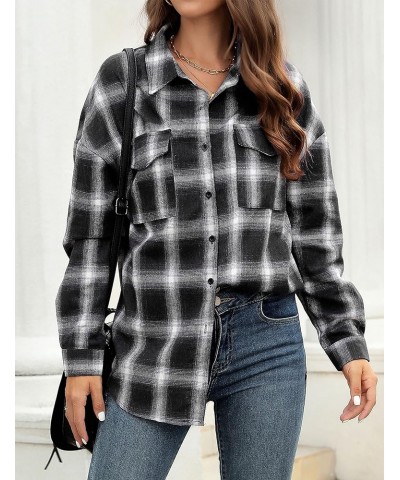 Womens Flannel Plaid Shirts Oversized Lightweight Buffalo Plaid Button Down Shirt Blouse Tops 02 Black $16.23 Blouses