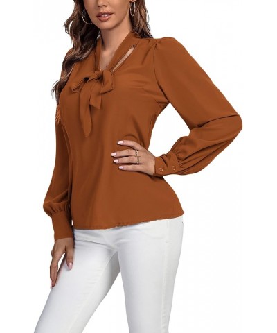 Women's Elegant Bow Tie Neck Long Sleeve Blouse Office Top Shirt Brown $18.87 Blouses