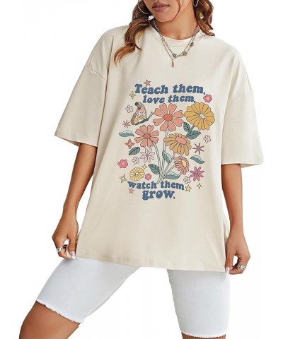 Women's Graphic Half Sleeve Drop Shoulder Crewneck Oversized T Shirt Tops Flower Slogan Beige $12.23 T-Shirts